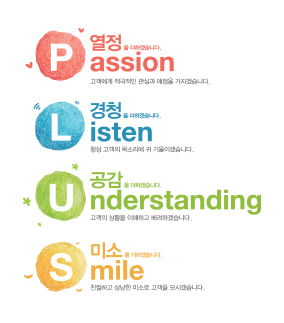 P: passion(열정) / L: listen(경청) / U:understanding(공감) / S:smile(미소)